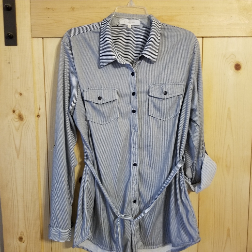 Eden & Olivia Button Down Blouse Belted Striped